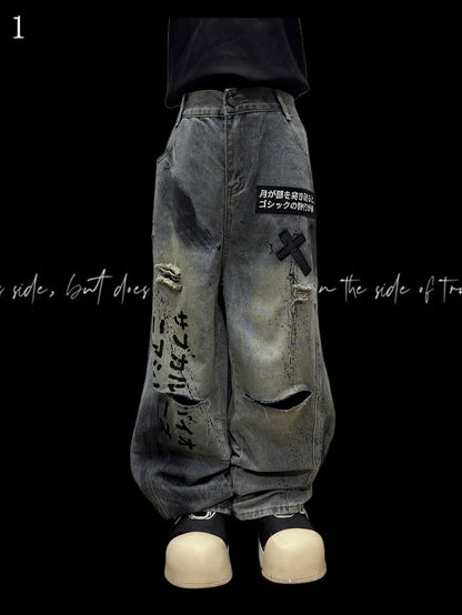 Blue Letter And Cross Applique Distressed Holes Details Wide-leg Cut Jeans