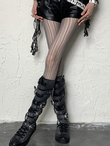 Gray Striped Pattern Hollow-out Design Y2K Tights