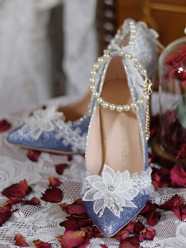 Dark Blue Glittering Floral Detachable Beaded Chain 7CM/9CM Hime Lolita High Heels