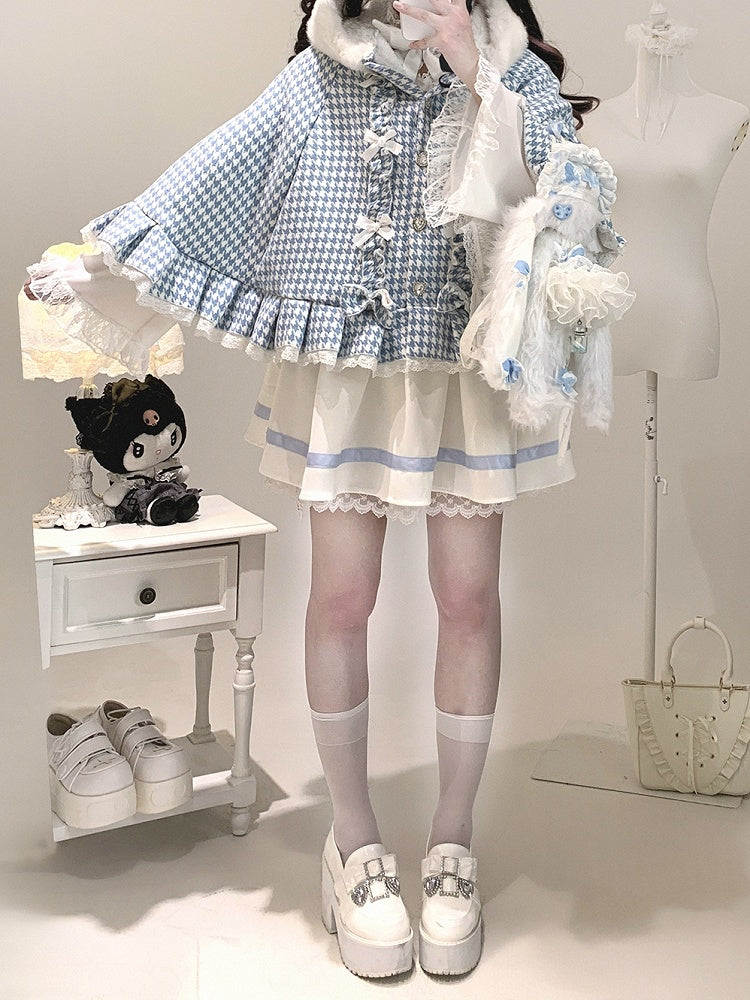 Jirai Kei Houndstooth Fleece-Lined Hooded Cape with Heart Buttons, Bow & Pompom | 3 Colors