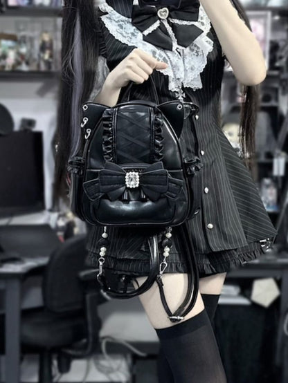 Jirai Kei Black Cat Ear Backpack With Beaded and Rhinestone Bow