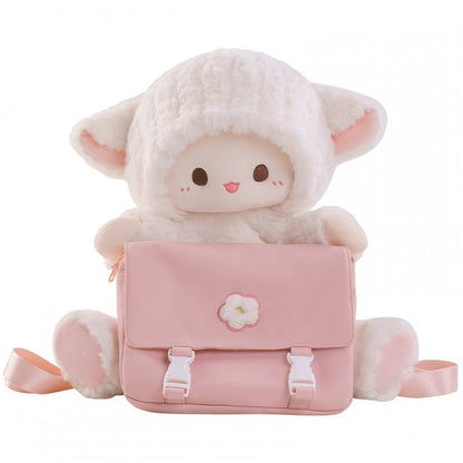 White Plush Lamb Backpack And Detachable Pink Canvas Bag Set