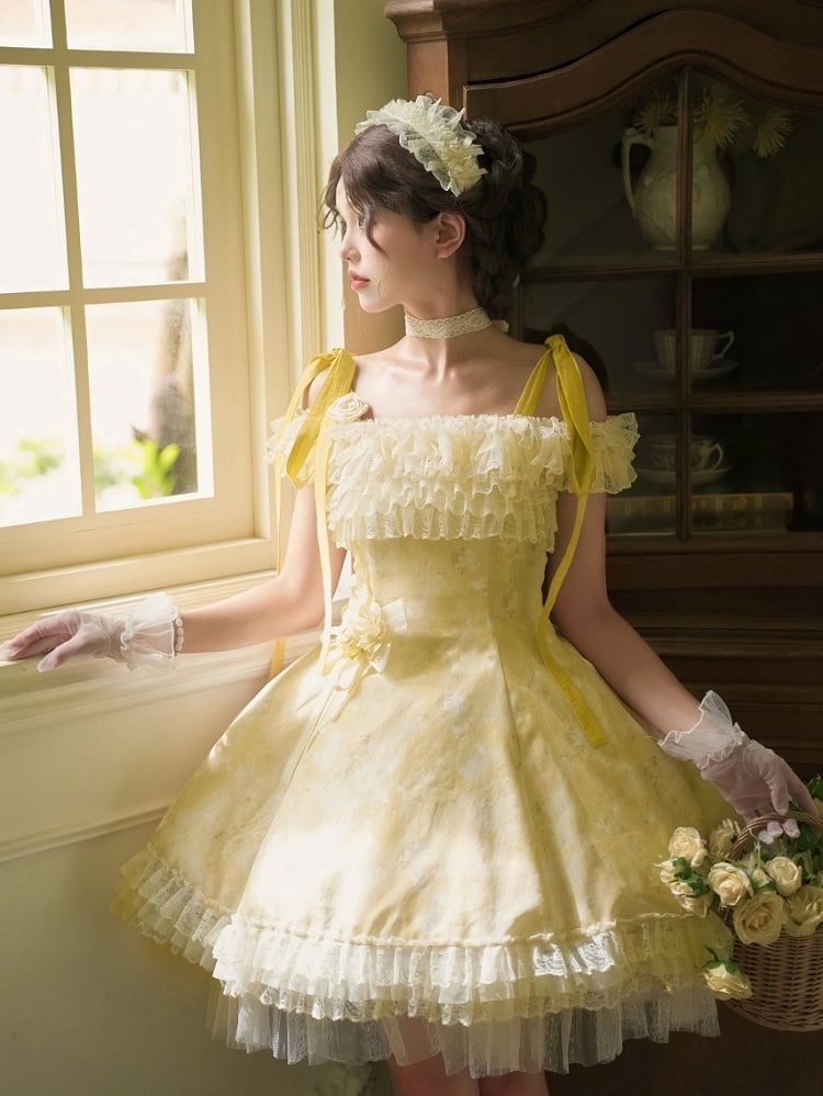 Light Yellow Butterfly and Floral Print Versatile Neckline Dress Lolita JSK Full Set