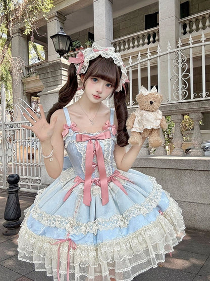 Blue Balletcore Lolita Dress Bowknots Decorated Sweet Jumper Skirt