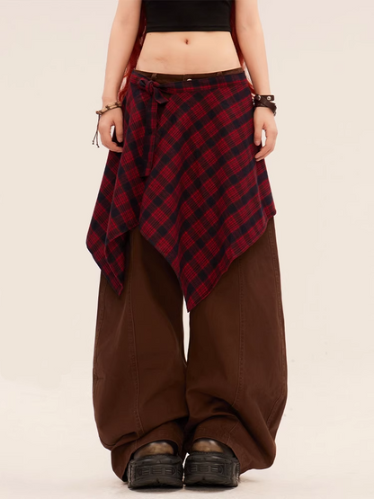 Dark Gray/Brown Low Rise Vintage Wide-leg Pants with Plaid Waist Accessory