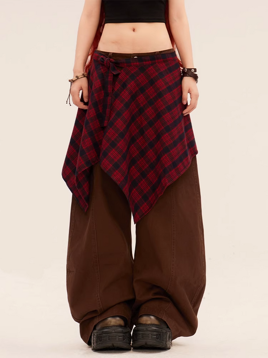 Dark Gray/Brown Low Rise Vintage Wide-leg Pants with Plaid Waist Accessory