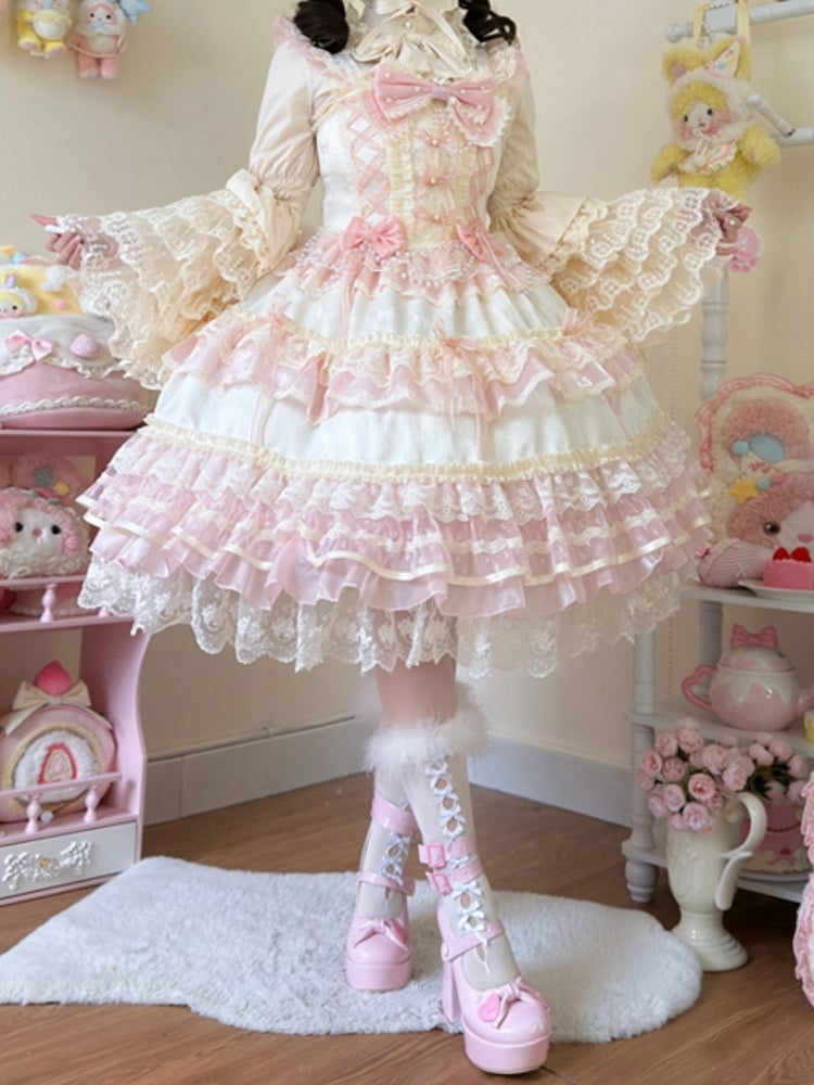 Apricot Bead Chain Bows Decorated Hanayome Lolita Princess Dress