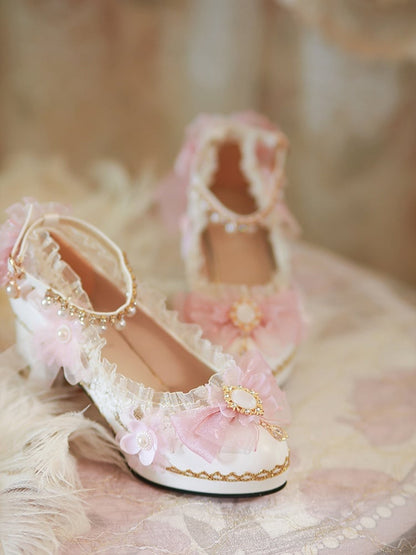 White & Pink Floral and Bow Accent 5CM/6CM/8CM Hime Lolita Block Heels