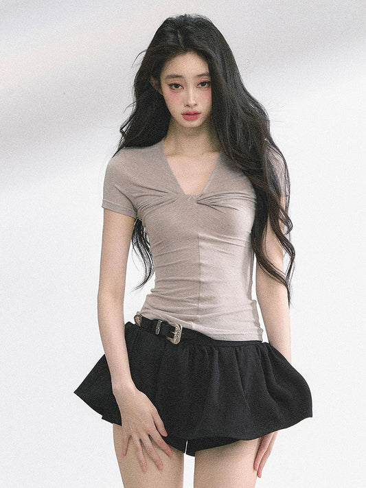 Light Gray Twist Detail Neckline Slim-fitting T-shirt