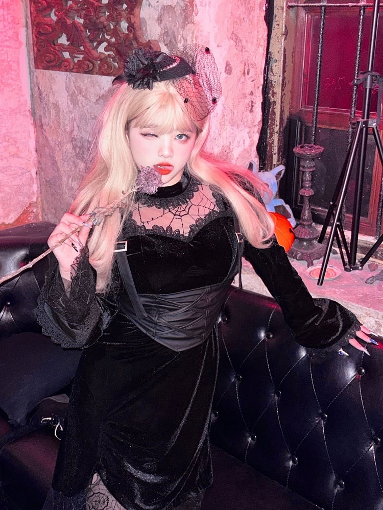 Plus Size Black Illusion Neckline Gothic Velvet Dress