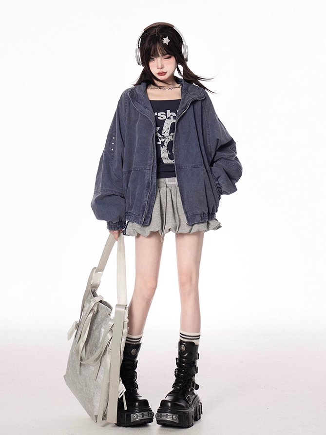 Blue/Apricot Banded Collar Faded Wash Distressed Design Autumn Zip-up Jacket