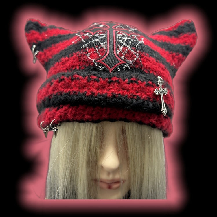 Red and Black Cross Applique Studs Design Punk Cat Ears Striped Beanie