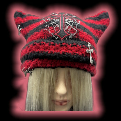 Red and Black Cross Applique Studs Design Punk Cat Ears Striped Beanie