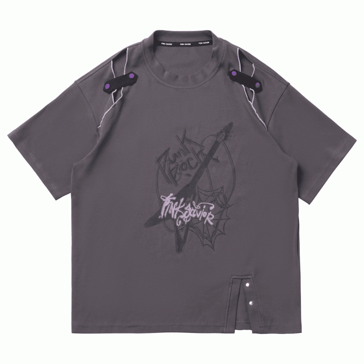 Dusty Gray Cutout Shoulder Slit Hem Punk Rock Graphic T-Shirt