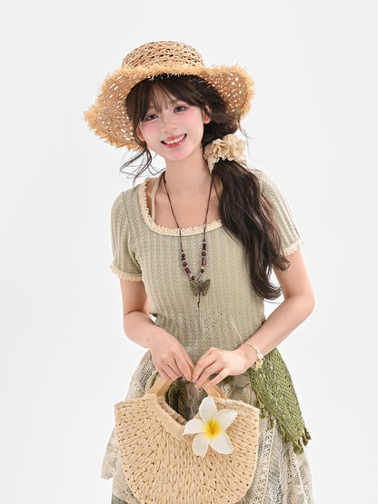 Mori Kei Light Green Round Neck Halter Neck Lace Trim T-Shirt