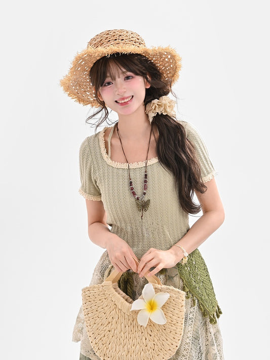 Mori Kei Light Green Round Neck Halter Neck Lace Trim T-Shirt