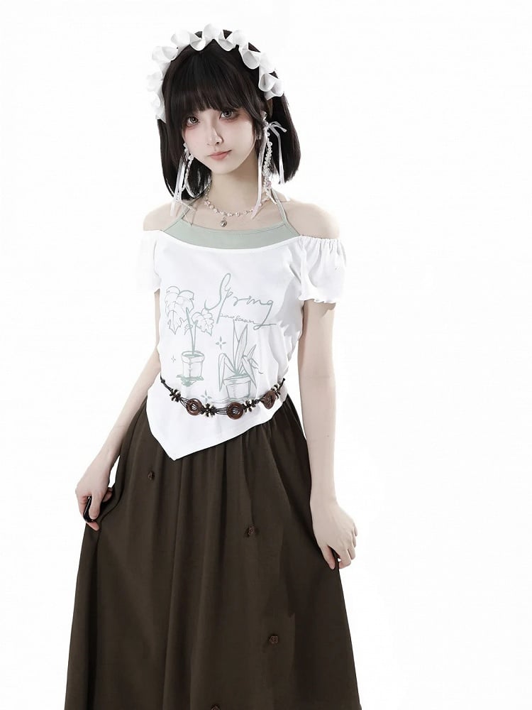 Off-the-shoulder Neckline White Graphic T-shirt Faux Two-pieces