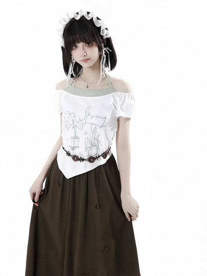 Off-the-shoulder Neckline White Graphic T-shirt Faux Two-pieces