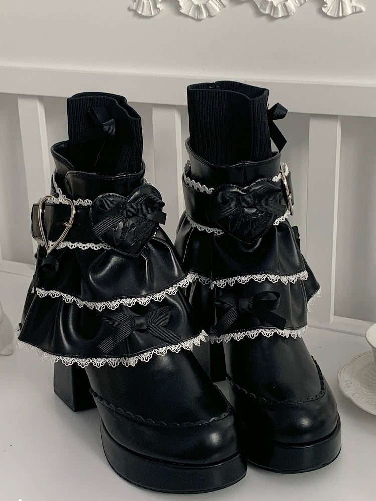Bow Accents, Stretchy Sock Top Design & Detachable Tiered Ruffles PU Black High Block Heel Boots in Sweet Lolita