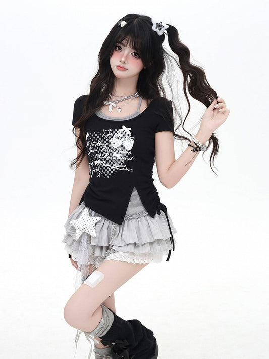 Strawberry Print Drawstring Waist Faux Two-pieces Halter T-shirt Black/Gray