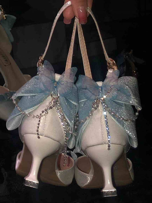 White & Blue Butterfly and Bowknot Tassel 5CM/8CM Hime Lolita Heels