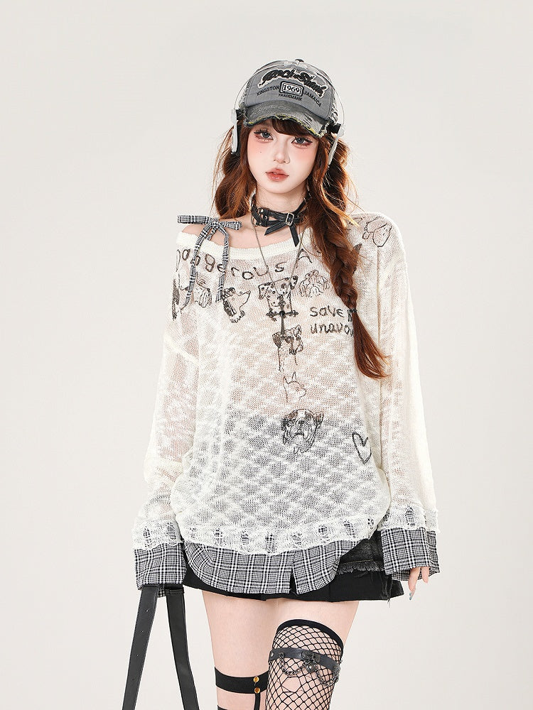 Plaid Hem Asymmetrical Neckline Puppy Print Beige/Black Semi-sheer Coverup