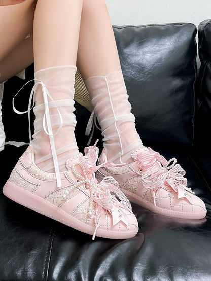 Pink Beaded Decorated Bow at Top Lace Front Lace-up Ties Sneakers