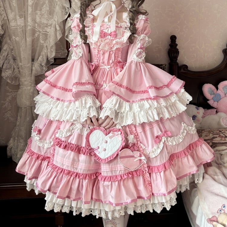 Clearance-Size M for Bust 88-103CM Pink Gorgeous Old School Princess Lolita Cotton Dress+ Sleeves