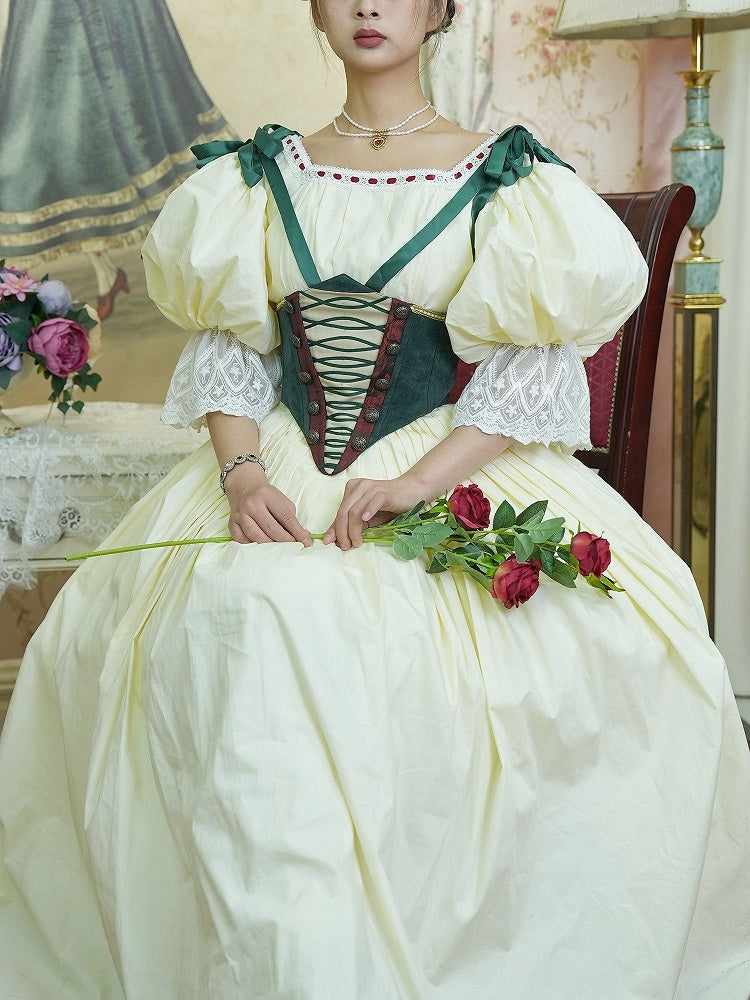 Bavarian Landhaus Historical Costume - Light Yellow Boned Bodice Top + Skirt + Corset Belt