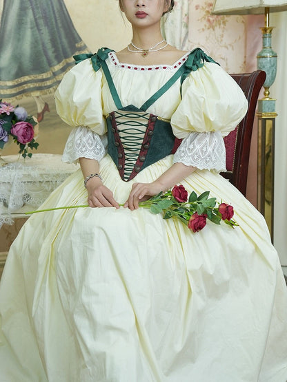Bavarian Landhaus Historical Costume - Light Yellow Boned Bodice Top + Skirt + Corset Belt
