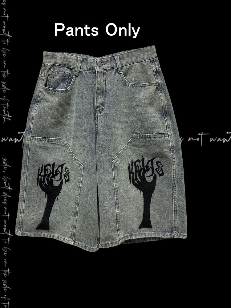 Light Blue Punk Distressed Wide-Leg Jeans