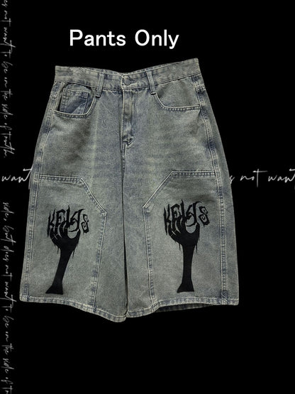 Light Blue Punk Distressed Wide-Leg Jeans