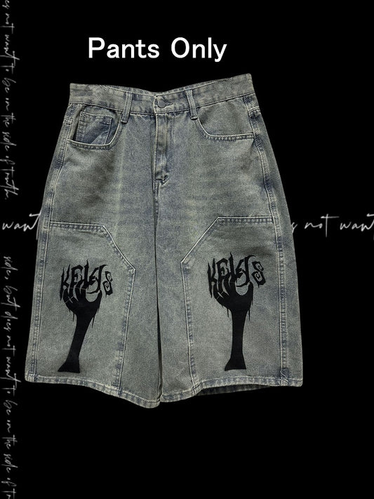 Light Blue Punk Distressed Wide-Leg Jeans