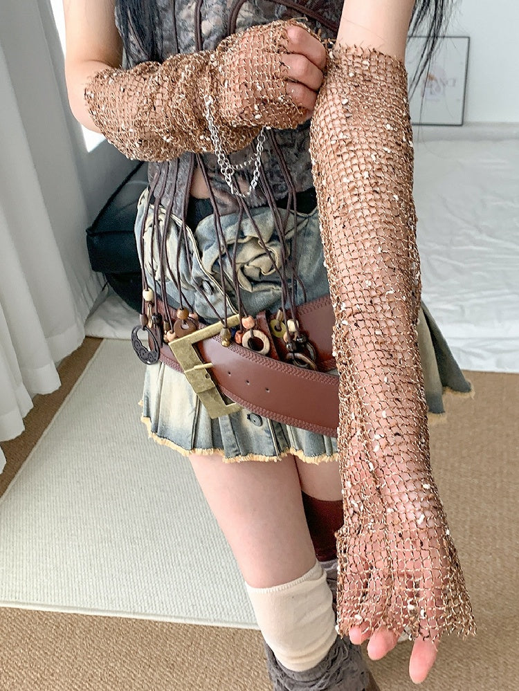 Brown Wasteland Punk Cross Charm Fishnet Sleeves