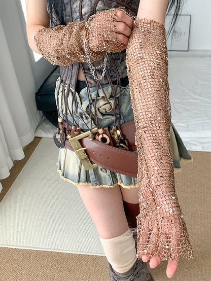 Brown Wasteland Punk Cross Charm Fishnet Sleeves