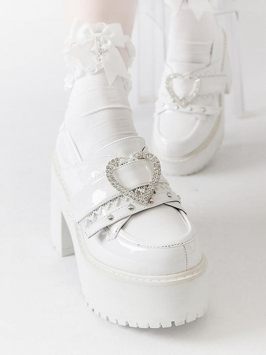 Cross and Rhinestoned Heart Buckles Polished White Jirai Kei Platform Loafers