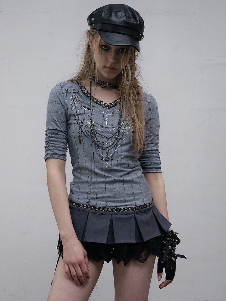 Pink/Blue Wasteland Punk V-neck Rhinestone Necklace Design Striped Pattern Long Sleeves Top