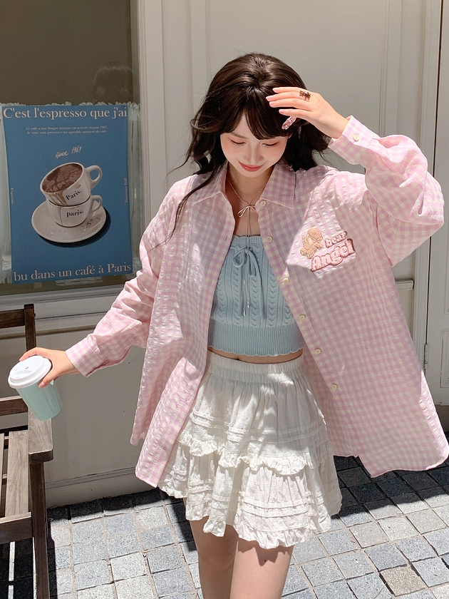 Adorable Bear Embroidery Pink Loose Plaid Shirt