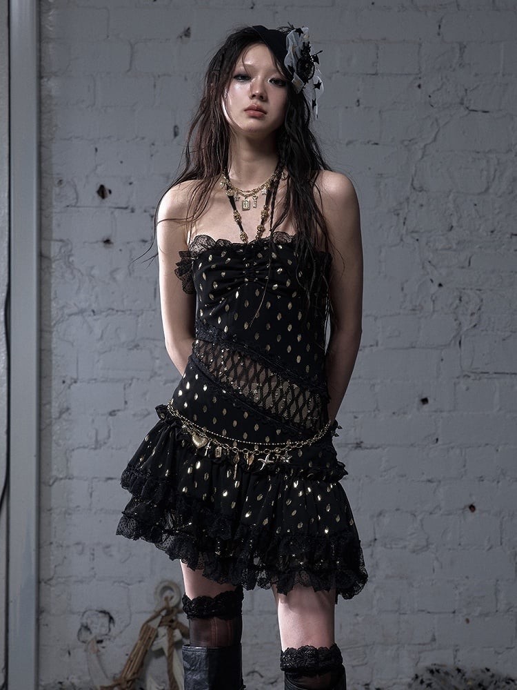 Beige/Black Halter Neck Lace Patches Waist Polka-dot Vintage Strapless Dress