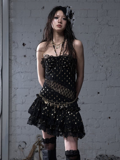 Beige/Black Halter Neck Lace Patches Waist Polka-dot Vintage Strapless Dress