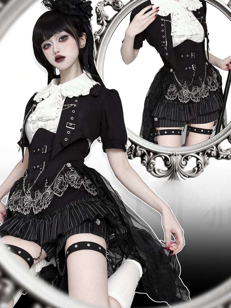 Black and White Prince Ouji Lolita Outfit - White Sleeveless Shirt + Black Cropped Top + Hiigh Waist Blommer Shorts Full Set
