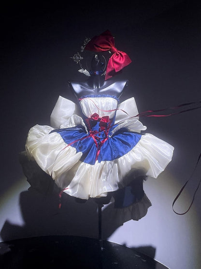 Blue & White Basque Waist Sweet Lolita Dress with Large Bow and Red Ribbon Accents