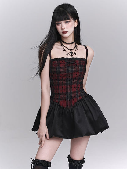 Red Plaid Basque Waist Mini Bubble Skirt Cami Dress