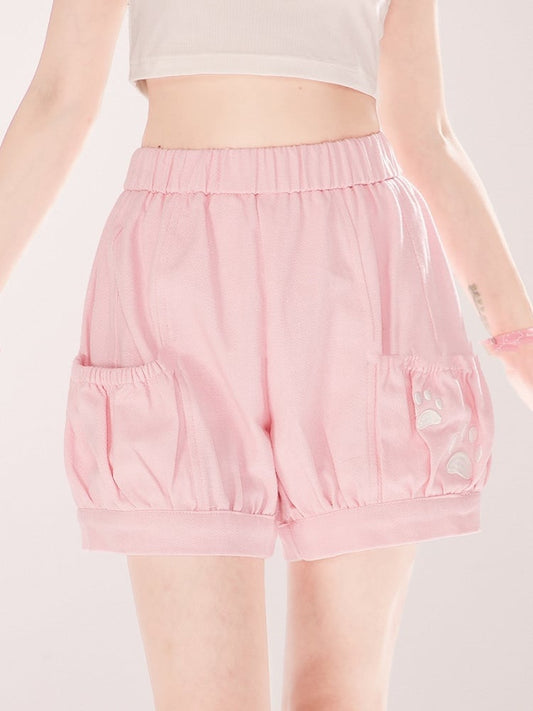 Kitty Paw Embroidery Pink/Blue/Black Elastic Waist Shorts