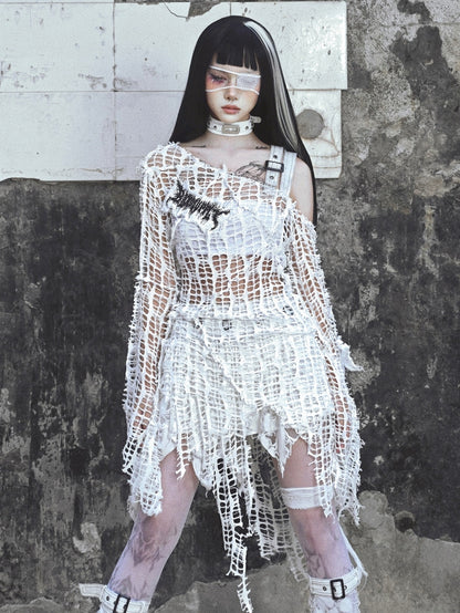 White Bell Sleeves Irregular Distressed Hallow Out Top