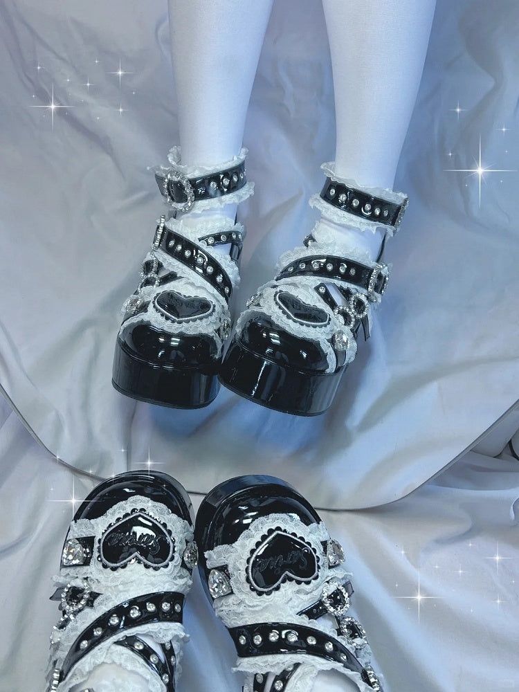 Jirai Kei Black Platform Shoes: Round Toe with High Block Heel & Lace and Rhinestone Embellished Cross Buckle Straps