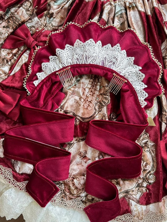 Matte Wine Red/Black Velvet Lace Trim Bonnet + 4 Bowknot Brooches