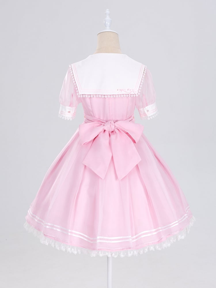 Star Lace Trimmed Sailor Collar Short Sleeves Pink Lolita Dress with a Free Bowtie Magical Girl Dress