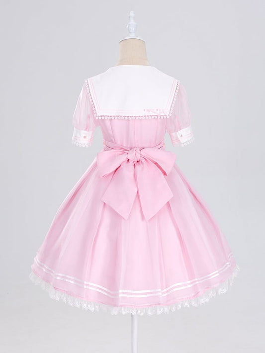 Star Lace Trimmed Sailor Collar Short Sleeves Pink Lolita Dress with a Free Bowtie Magical Girl Dress
