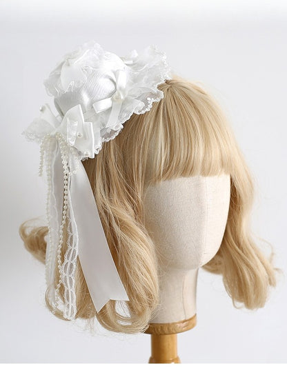 White Beaded Decorated Bowknot Details Lace Trim Mini Hat
